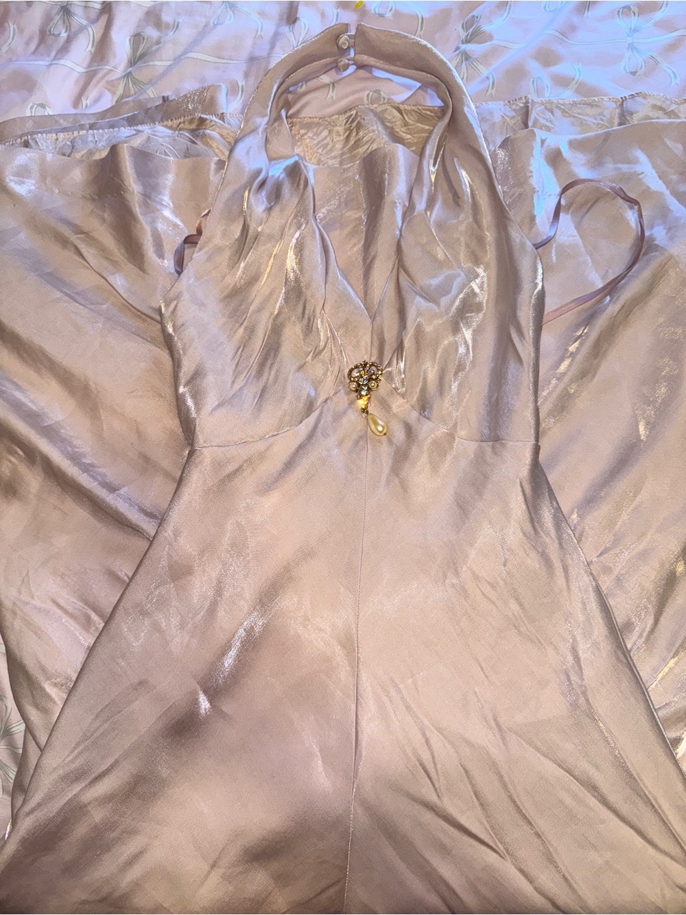 Vintage Susan Roselli Champagne Backless Satin Halter Dress with Brooch Accent